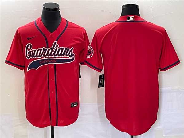 Men%27s Cleveland Guardians Blank Red With Patch Cool Base Stitched Baseball Jersey